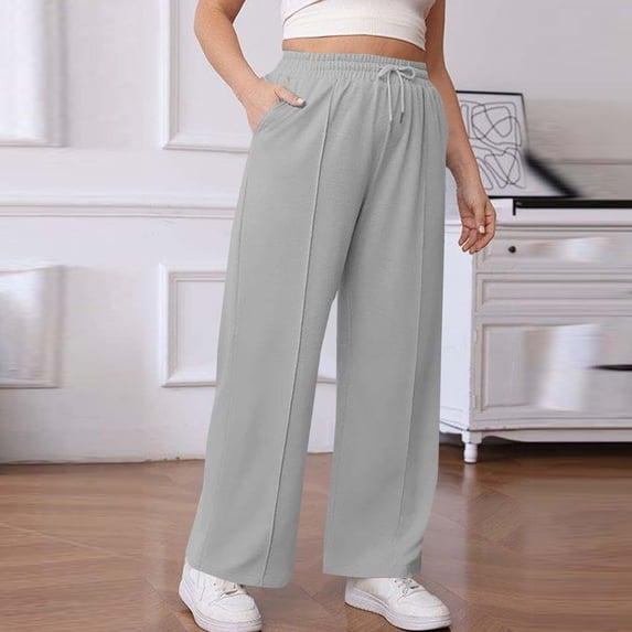 Neewe Womens Plus Size Sweatpants Wide Leg Drawstring Lounge Pants Plain Drawing Elastic Waist Workout Trousers with Pockets