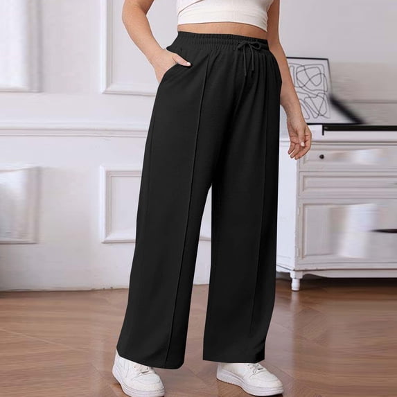 Neewe Womens Plus Size Sweatpants Wide Leg Drawstring Lounge Pants Plain Drawing Elastic Waist Workout Trousers with Pockets