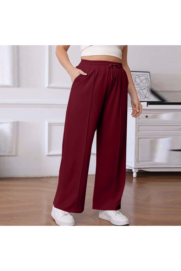 Womens Plus Size Sweatpants Wide Leg Drawstring Lounge Pants Plain Drawing Elastic Waist Workout Trousers with Pockets