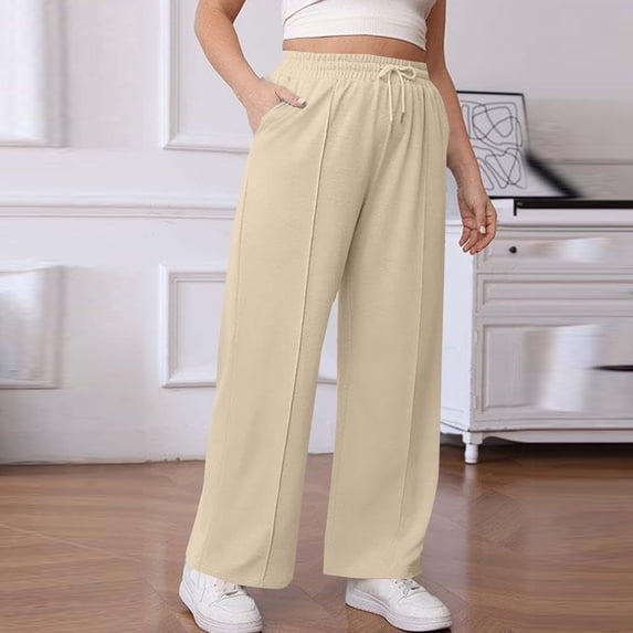 Neewe Womens Plus Size Sweatpants Wide Leg Drawstring Lounge Pants Plain Drawing Elastic Waist Workout Trousers with Pockets
