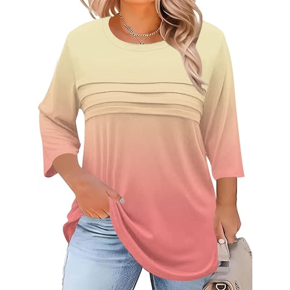 Neewe Womens Plus Size Tops 3/4 Sleeve Shirts Crewneck Pleated Blouses Dressy Casual Fashion Tunic Top (1X-5X)