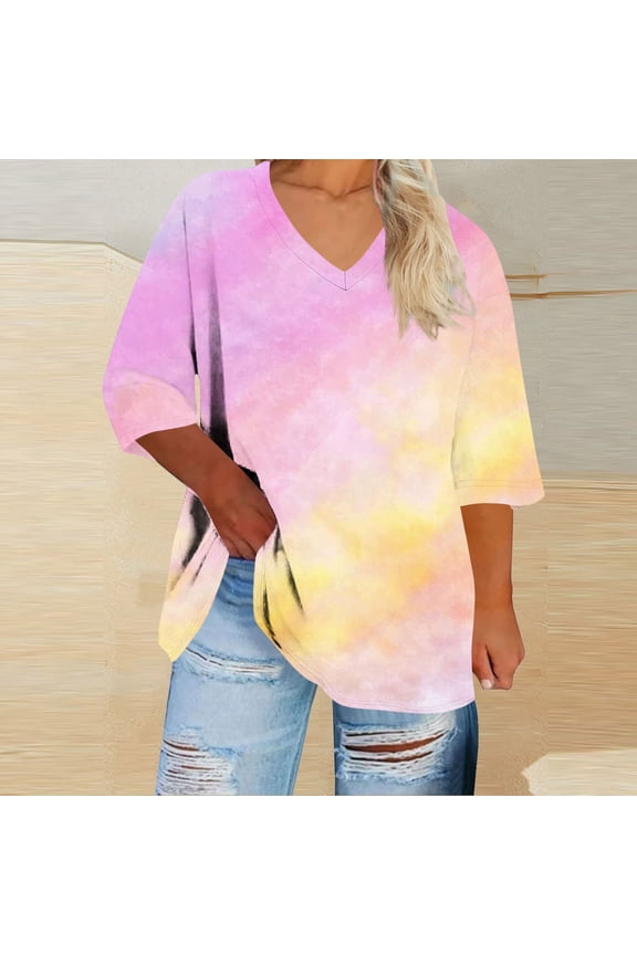 Womens Plus Size Tops 3/4 Sleeve Shirts V Neck Pleated Blouses Dressy Casual Fashion Tunic Top (1X-5X)