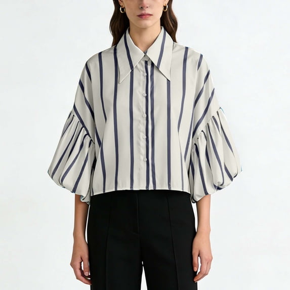 Neewe Womens Print Button Down Shirts Lapel V Neck 3/4 Sleeve Casual Blouses Summer Loose Fit Tops