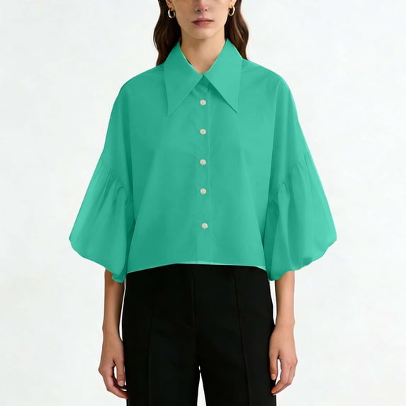 Neewe Womens Print Button Down Shirts Lapel V Neck 3/4 Sleeve Casual Blouses Summer Loose Fit Tops