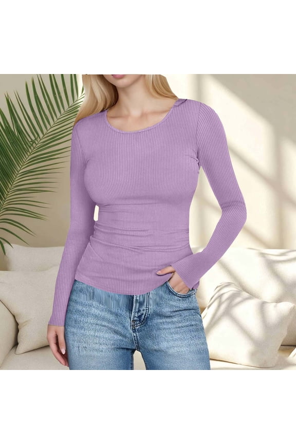 Womens Round Neck Long Sleeve Fitted Shirts Slim Fitting Pit Stripe Basic Tees Fall Going Out Tops
