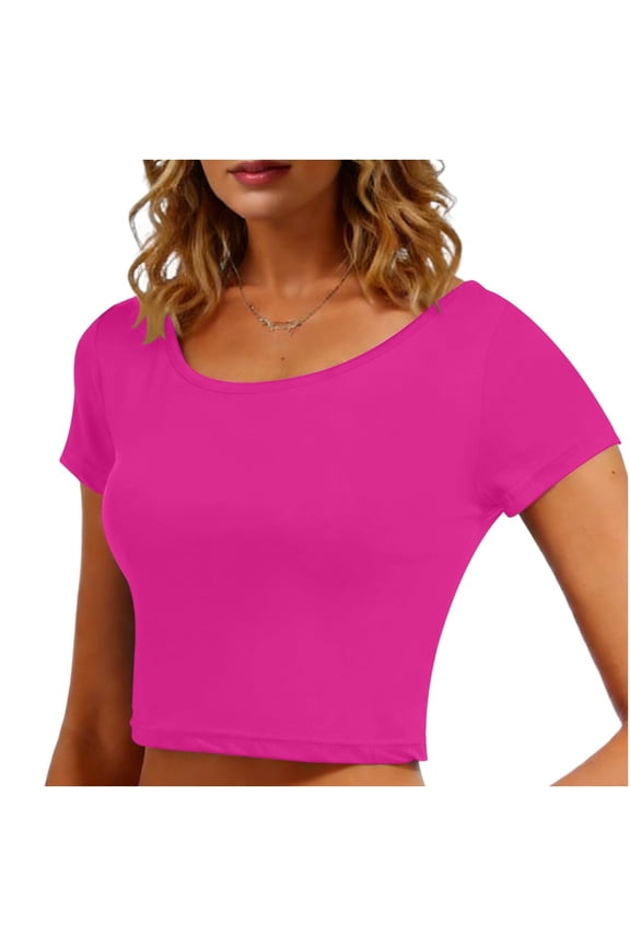 Womens Short Sleeve Cropped T-Shirts Summer Rolled Short Sleeve Crop Tops Casual Round Neck Solid Short Basic Tees