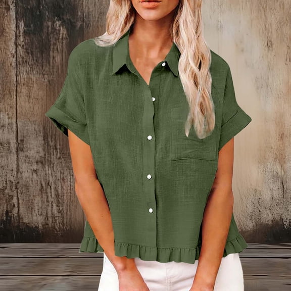 Neewe Womens Short Sleeve Shirts V Neck Collared Button Down Shirt Tops with Pockets