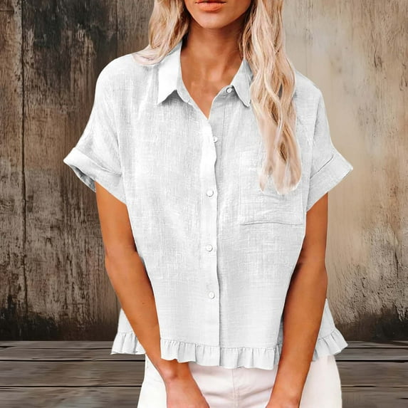 Neewe Womens Short Sleeve Shirts V Neck Collared Button Down Shirt Tops with Pockets