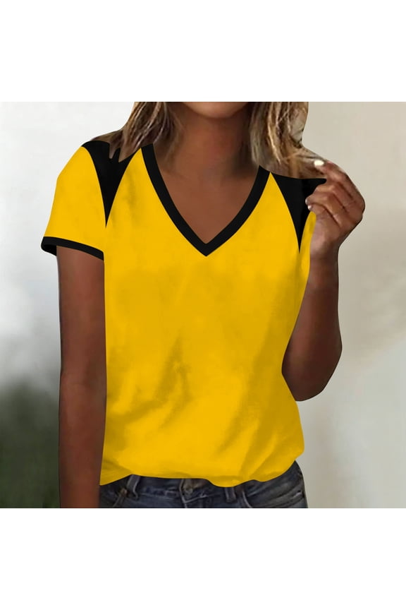 Womens Short Sleeve Summer Tops V Neck T Shirts Casual Color Block Raglan Shirts Cotton Fashion Tunic Tees