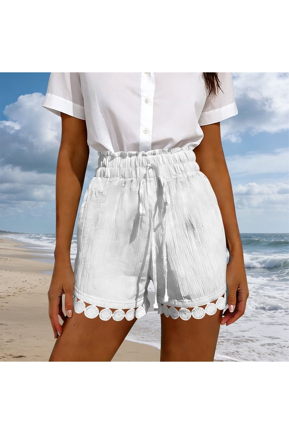 Womens Shorts Summer Casual Loose Elastic Waist Drawstring Lace Plain Cover Up Shorts