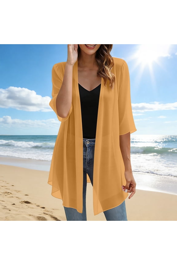 Womens Summer Beach Vacation Cover Up Chiffon Cardigan Plain Half Sleeve Soft Tops Loose Capes 2026