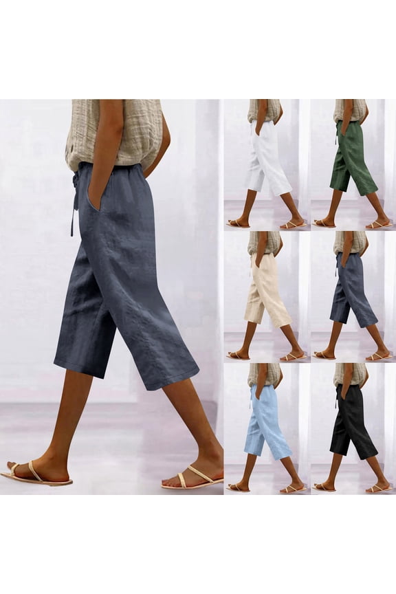 Womens Summer Casual Loose Striped Wide Leg Lounge Pants Pocket Lace-Up Quarter Pants-White XL
