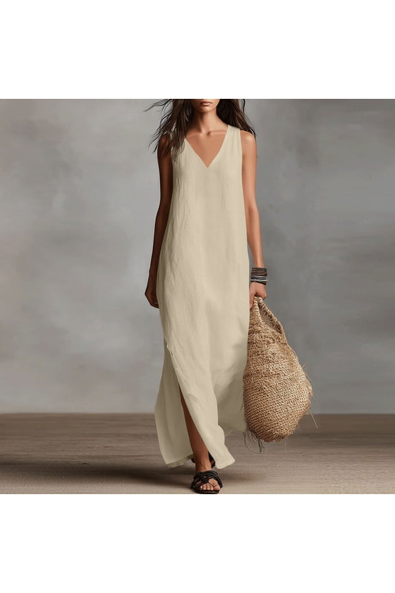 Womens Summer Cotton Linen Elegant Long Dress Plain V Neck Sleeveless Backless Loose Casual Side Slit Maxi Dress