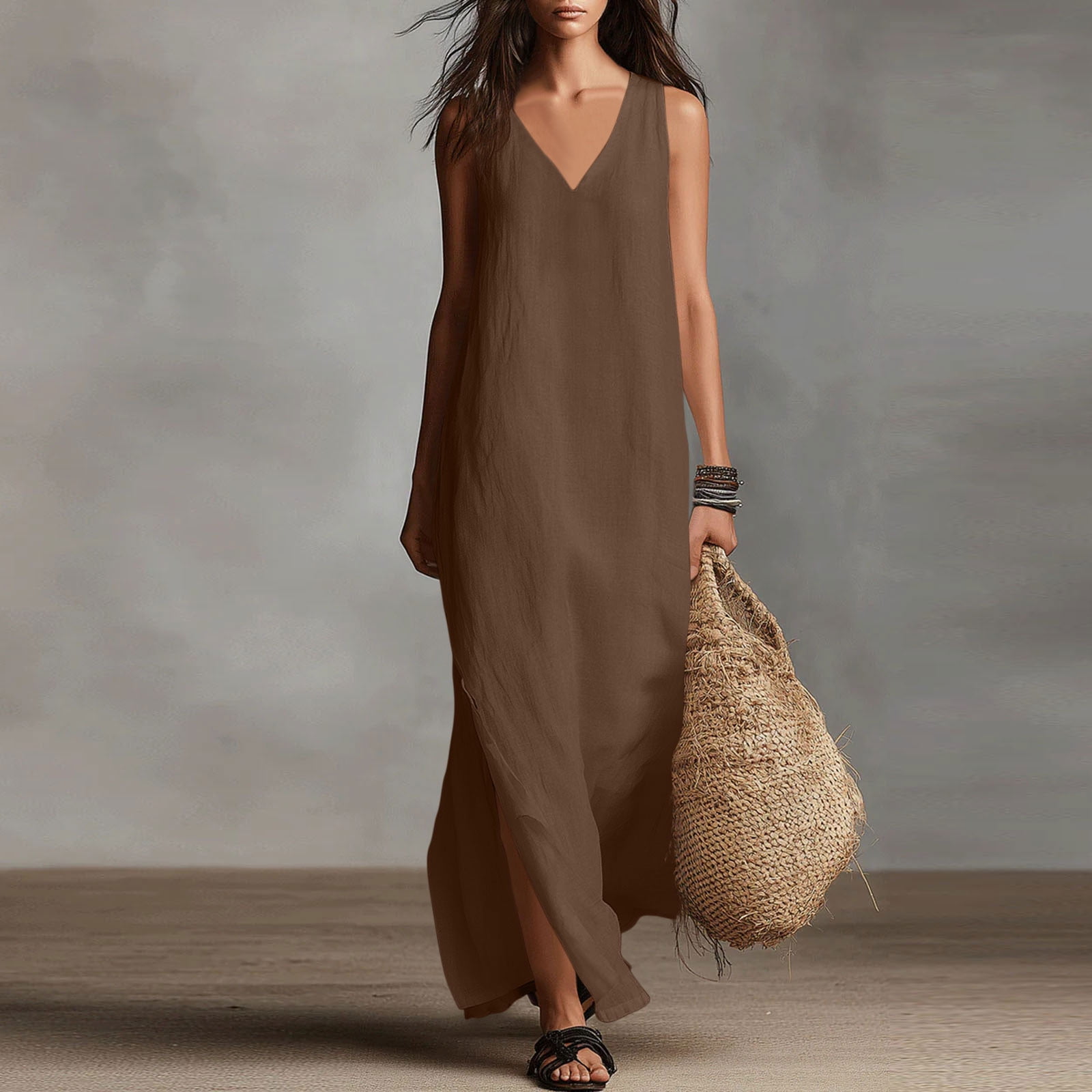casual linen maxi dress Neewe Womens Summer Cotton Linen Elegant Long Dress Plain V Neck Sleeveless Backless Loose Casual Side Slit Maxi Dress, Women's, Size: 2XL
