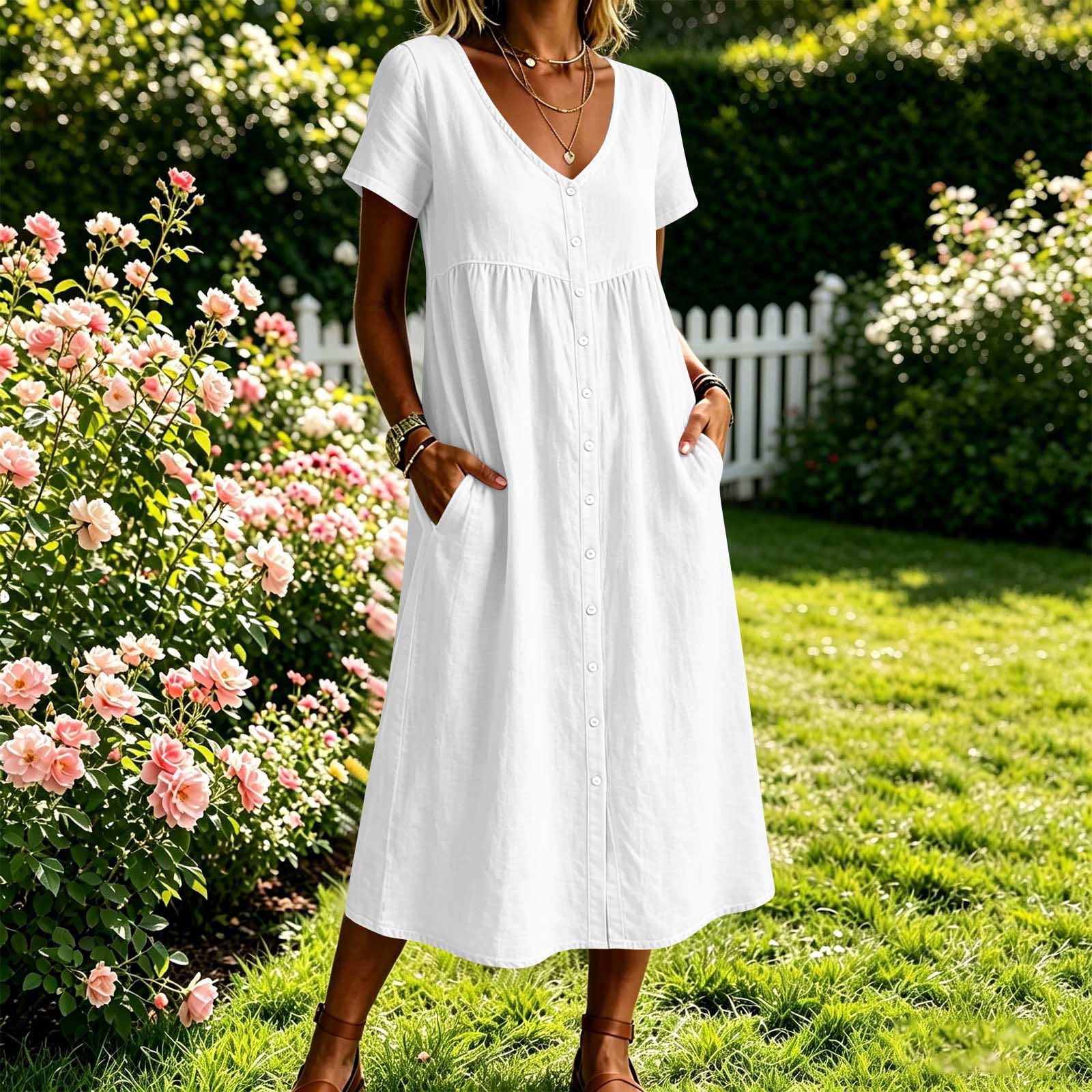 plain summer maxi dresses Neewe Womens Summer Maxi Dress Button Down Dresses Casual Short Sleeve Plain Long Skirt with Pocket, Women's, Size: Medium