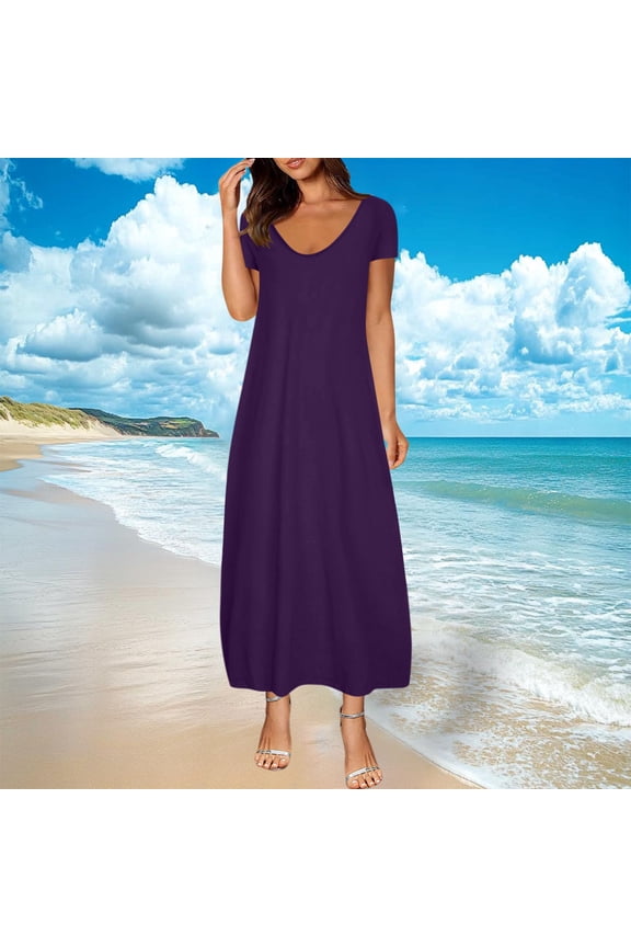 Womens Summer Maxi Dress High Waist Plain Scoop Neck Short Sleeve A-Line Ruff Pleated Hem Long Dresses