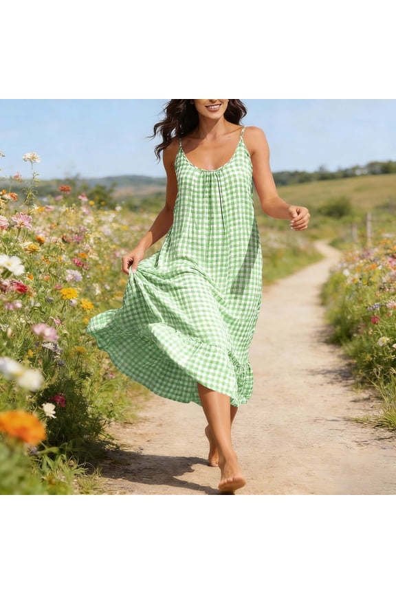 Womens Summer Maxi Dress Plaid V Neck Spaghetti Straps Backless Sleeveless Long Flowy Dresses