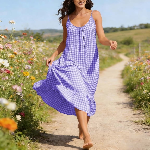 Neewe Womens Summer Maxi Dress Plaid V Neck Spaghetti Straps Backless Sleeveless Long Flowy Dresses