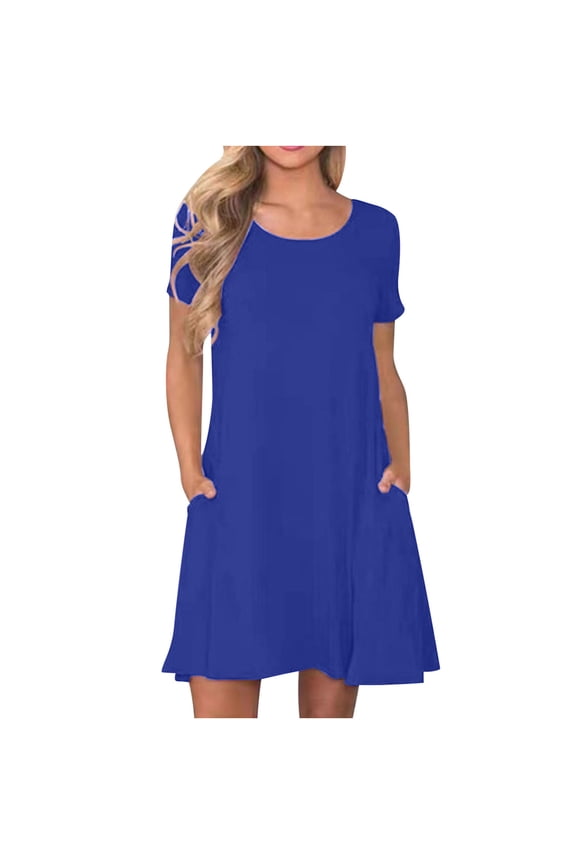Womens Summer Midi Dresses Loose Casual Classic Plain Round Neck Short Sleeve Knee Length Shirtdress Daily with Pocket