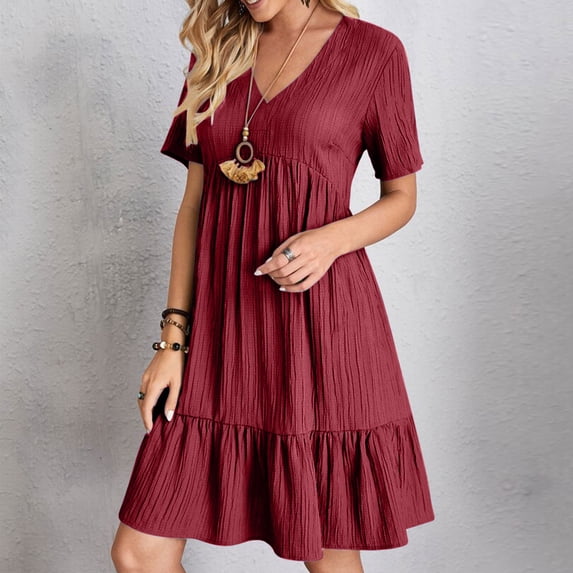 Neewe Womens Summer Midi Dresses Loose Casual Classic Plain V Neck Short Sleeve Pleated Hem Knee Length Shirtdress Daily
