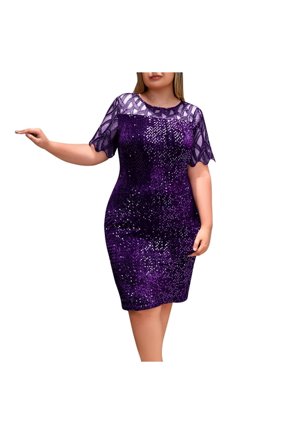 Womens Summer Midi Sequin Dress Plus Size V Neck Short Sleeve Knee Length Party Cocktail Dresses