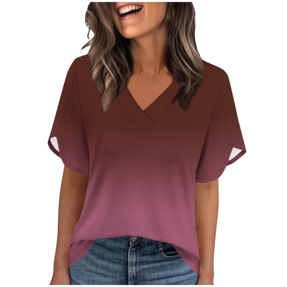 Neewe Womens Summer T-Shirts Short Sleeve V Neck Gradient Color with Side Shirring Loose Fit Shirts Spring Fashion Multiple Color Options