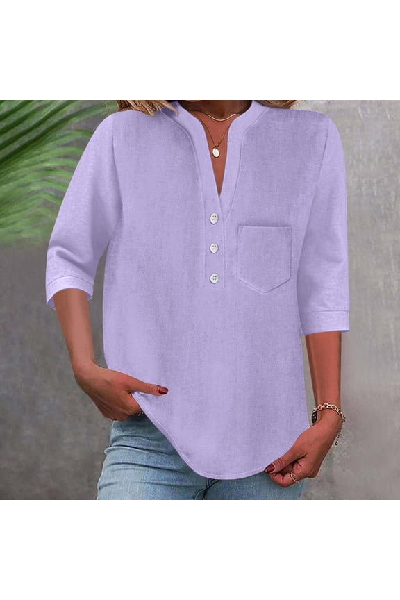 Womens Summer T shirts V Neck Short Sleeve Buttons Tops Tee Solid Color Blouse Loose Fit Multiple Color Options