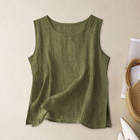 Neewe Womens Summer Tank Tops Plain Round Neck Sleeveless Casual Loose Fit Split Hem Basic Blouse Shirt