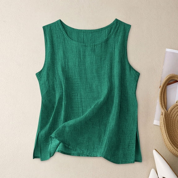 Neewe Womens Summer Tank Tops Plain Round Neck Sleeveless Casual Loose Fit Split Hem Basic Blouse Shirt