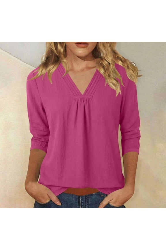 Womens Summer Tops Trendy Plain V Neck Tunic Shirts Casual 3/4 Sleeve Pleated Front Blouses