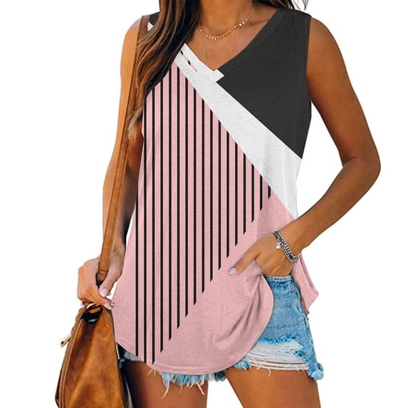 Neewe Womens Summer V Neck Strappy Tank Tops Loose Fit Casual Sleeveless Shirts Block Color Blouses