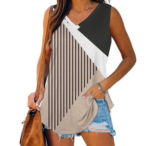 Neewe Womens Summer V Neck Strappy Tank Tops Loose Fit Casual Sleeveless Shirts Block Color Blouses