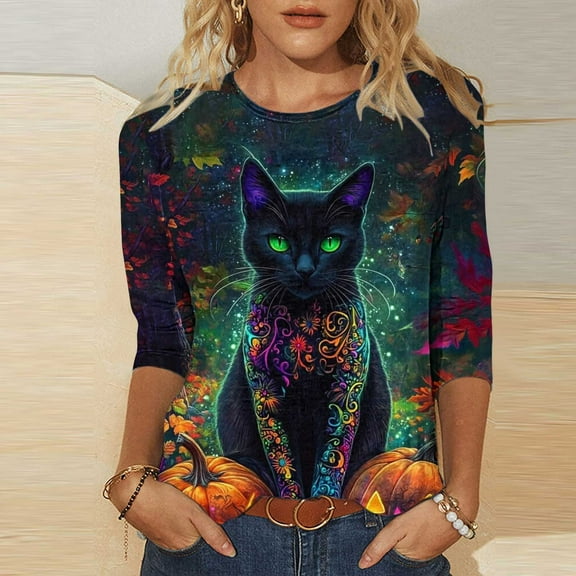 Neewe Womens Tops 3/4 Sleeve Shirts Round Neck Loose Casual Blouses Halloween Print Tshirts