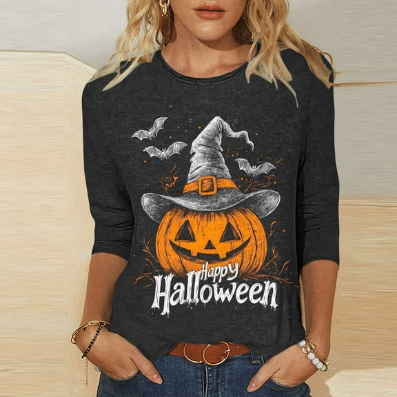 Neewe Womens Tops 3/4 Sleeve Shirts Round Neck Loose Casual Blouses Halloween Print Tshirts
