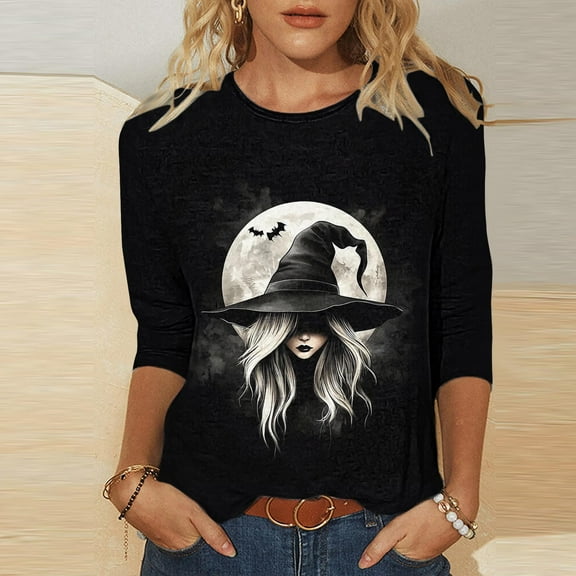 Neewe Womens Tops 3/4 Sleeve Shirts Round Neck Loose Casual Blouses Halloween Print Tshirts