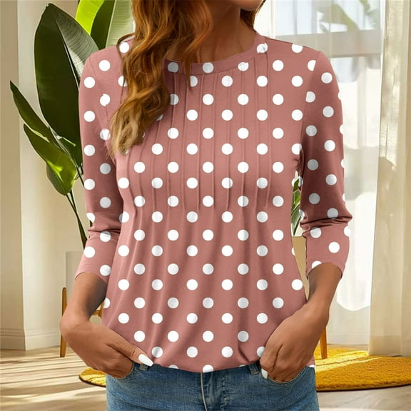 Neewe Womens Tops 3/4 Sleeve Shirts Round Neck Loose Casual Blouses Print Tshirts