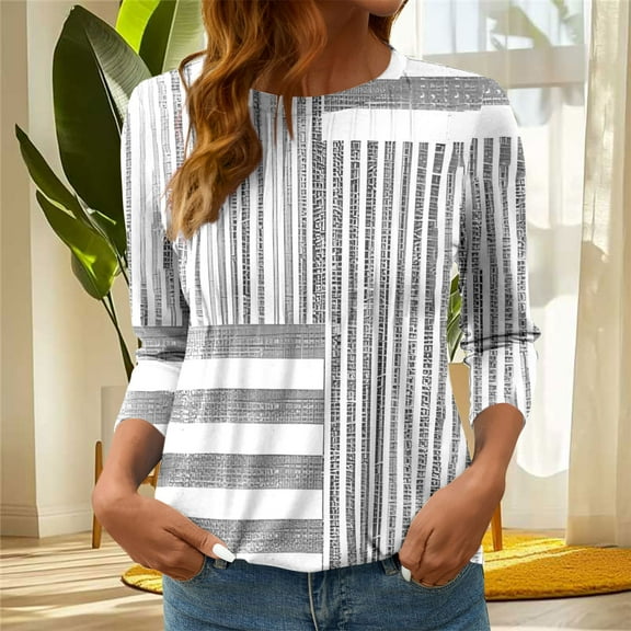 Neewe Womens Tops 3/4 Sleeve Shirts Round Neck Loose Casual Blouses Print Tshirts