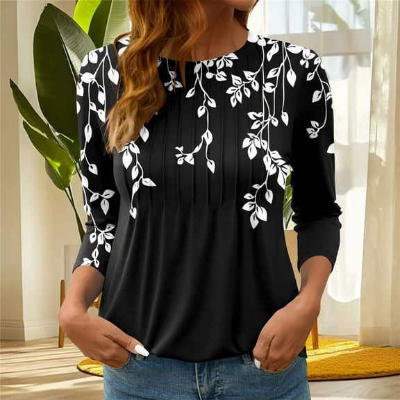 Neewe Womens Tops 3/4 Sleeve Shirts Round Neck Loose Casual Blouses Print Tshirts