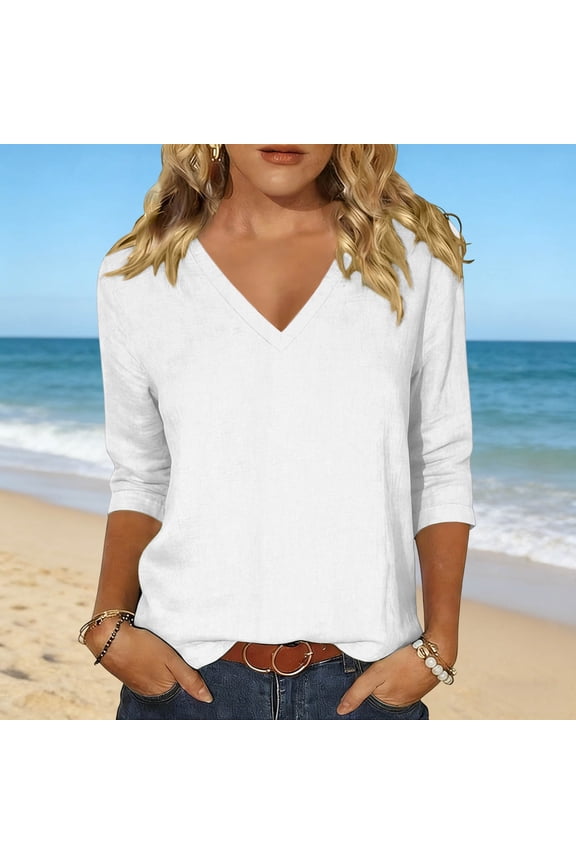 Womens Tops V Neck Solid Color Tee Striped Tunics 3/4 Sleeve Fashion Comfy Shirt Basic Tshirts