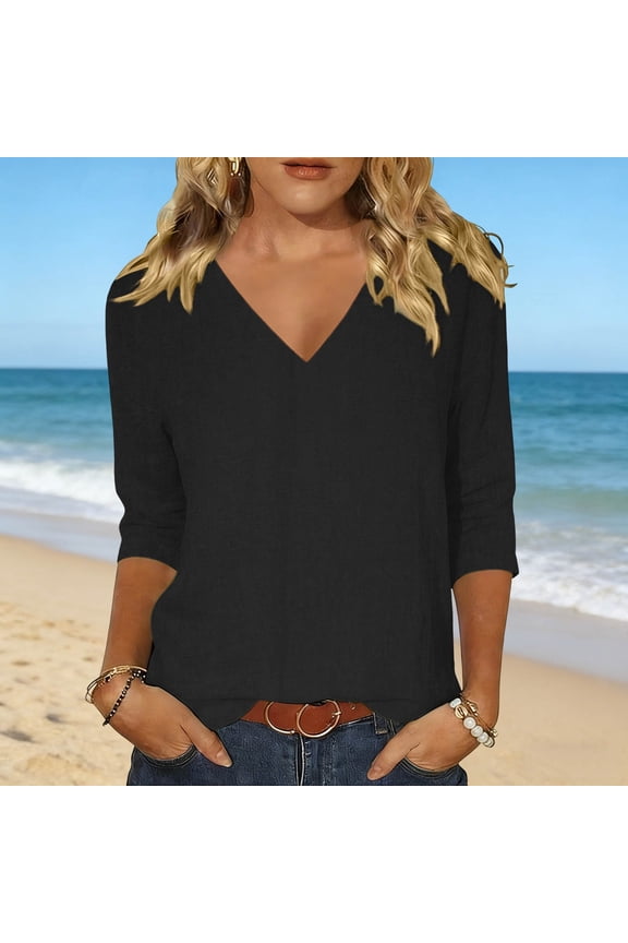 Womens Tops V Neck Solid Color Tee Striped Tunics 3/4 Sleeve Fashion Comfy Shirt Basic Tshirts