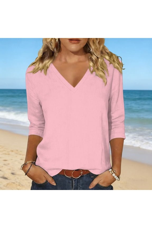 Womens Tops V Neck Solid Color Tee Striped Tunics 3/4 Sleeve Fashion Comfy Shirt Basic Tshirts