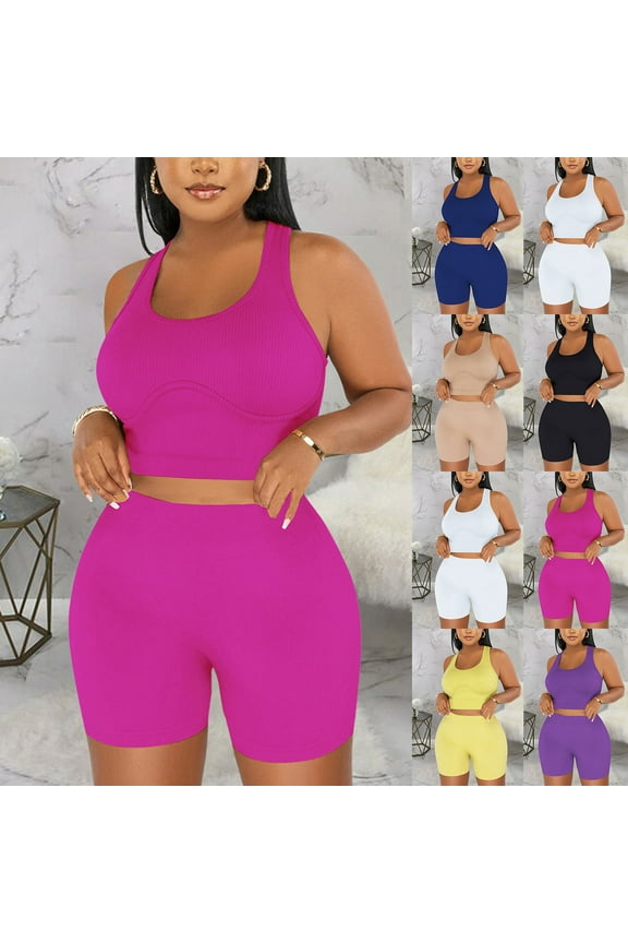 Womens Workout Sets 2 Piece - Seamless Yoga Outfits Shorts and Crop Top Matching Gym Athletic Clothing Set-Red M