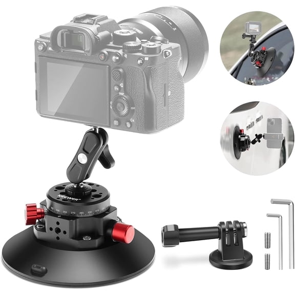 Neewer 6" Camera Suction Cup Mount With Ball Head, Metal Car Windshield Dash Mount For Camera/Action Cam/Phone, 1/4" & 3/8" Holes