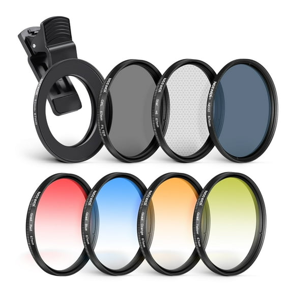 Neewer 67mm Camera & Phone Filter Kit - CPL, ND32, Star & 4 Graduated Color Filters w/52-67mm Adapter Ring, Clip for iPhone 14/13/12/11 Pro Max