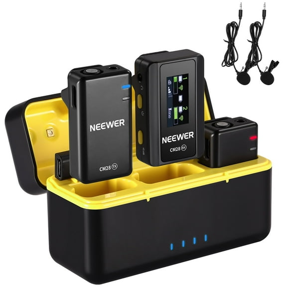 Neewer CM28 Wireless Lav Mic System, 9H Playtime, 4GB Storage, Noise Canceling, Charging Case, for iPhone/Android/PC/Camera/iPad
