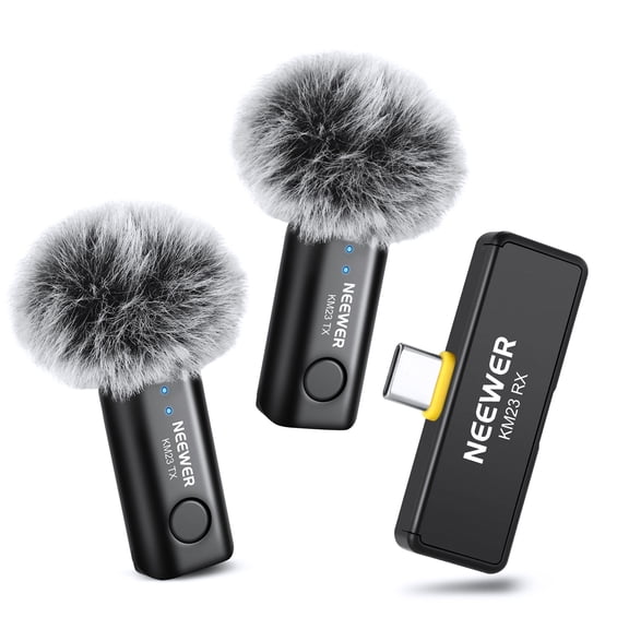 Neewer KM23 Wireless Lav Mic - 1RX+2TX, 131ft Range, Noise Cancel, for iPhone/Android/PC, Vlogging