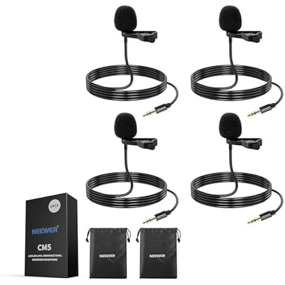 Neewer Lavalier Lapel Microphone (4 Pack), Omnidirectional Condenser Wired Clip On Lav Mic for Stage YouTube Live Streaming Compatible with Rode Wireless GO II 2 DJI Wireless Mic Transmitter, CM5