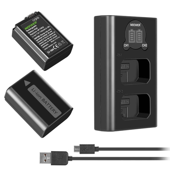 Neewer NP-FW50 Battery Charger Set, 2-Pack 1100mAh for ZV-E10/A7/A7R/A7S/RX10 Series, Micro USB & Type-C Dual Charger