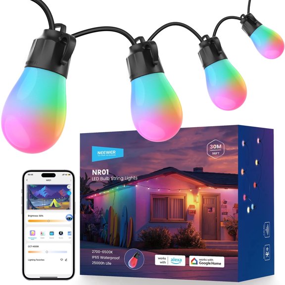 Neewer NR01 96ft Outdoor String Lights, Smart AI RGB IC W, IP65, 30 LEDs, 50+ Scenes, App/Voice Control, for Patio/Balcony