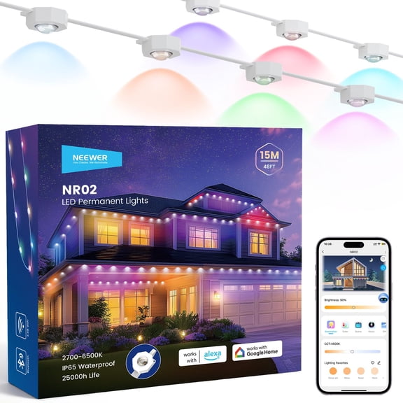 Neewer NR02 48ft Permanent Outdoor Lights, Smart AI RGBCW, 30 LEDs, IP65, App/Voice Control, for House/Eaves/Christmas Decor